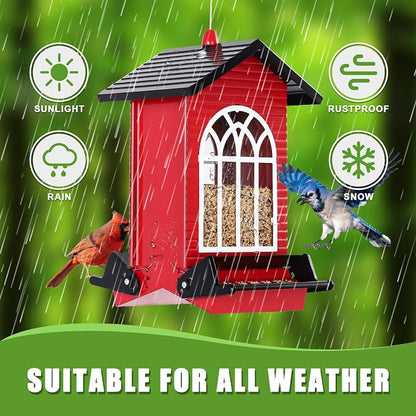 Gbekery Squirrel Proof Bird Feeder for Outdoors,5LB Large Capacity,Metal Wild Bird Seed Feeder with Bilateral Weight-Activated Perches for Outside Hanging,Finch,Cardinal,Blue Jay,Garden Decoration,Red