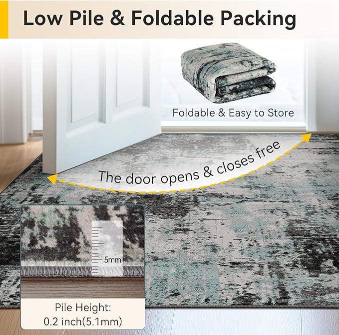 RELEANY Washable Area Rugs 2'x6' Non-Slip Modern Abstract Soft for Living Room Entryway Bedroom Kitchen, Print Pattern, Blue Black Teal