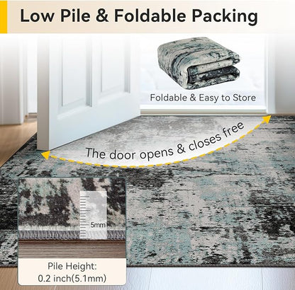 RELEANY Washable Area Rugs 2'x6' Non-Slip Modern Abstract Soft for Living Room Entryway Bedroom Kitchen, Print Pattern, Blue Black Teal