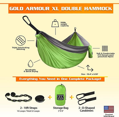 Gold Armour Camping Hammock - XL Double Hammock Portable Hammock Camping Accessories Gear for Outdoor Indoor with Tree Straps, USA Based Brand (Lime Green and Gray)