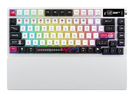 ROG Azoth X 75% custom gaming keyboard, hot-swappable Storm V2 Switches, gasket mount, dampening foam, FR4 plate, south-facing PCB, tri-mode connection, OLED display, control knob, wrist rest, Mac