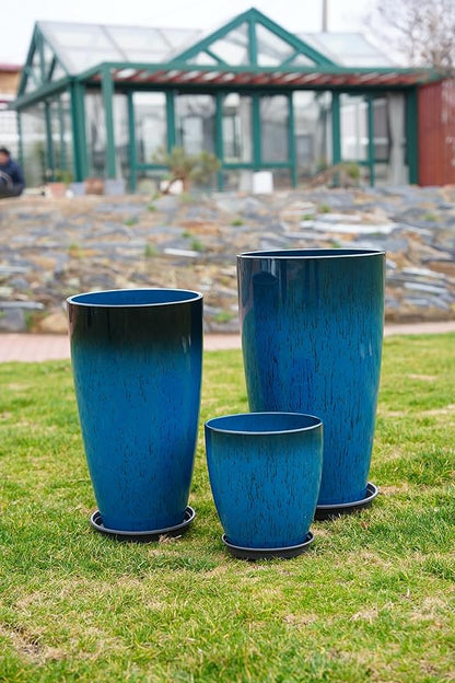 24,21,11 Inch Large Plastic Planters with Drainage Hole and Saucer - Set of 3 Tall Plant Pots Indoor Flower Pot Tall Round Planters Outdoor Large Tall Planter