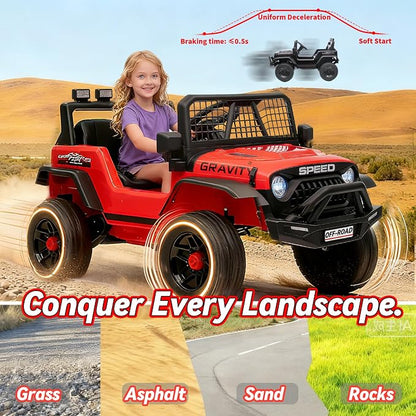 24V Ride on Toys w/Remote Control, 4WD Kids Ride on Truck Car, 3 Speed, Bluetooth Music, Wide Seat, Spring Suspension, LED Light, Birthday for Boys Girls Toddler (D-Red)