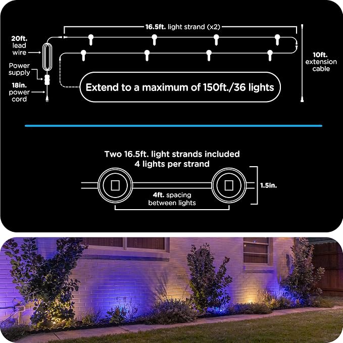 Enbrighten Vibe Eternity Garden Lights, 33ft, 8 RGBWIC LEDs, Waterproof, Uplights, Outdoor Landscape Lighting, Home Exterior Spotlight, Smart App, Works with Alexa, Google Home, 83789