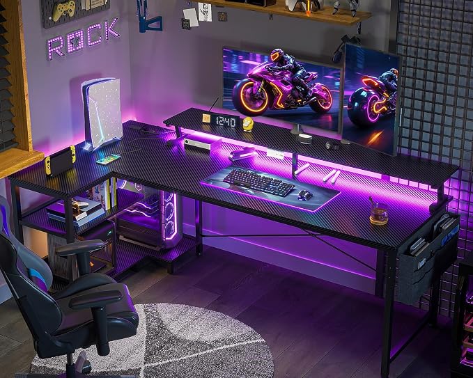 ODK 66 Inch L Shaped Gaming Desk with LED Lights, Power Outlets, Black | Adjustable Monitor Stand, Open Storage Shelves, Hanging Side Bag, PC Tower Stand, Reversible Layout for Gaming
