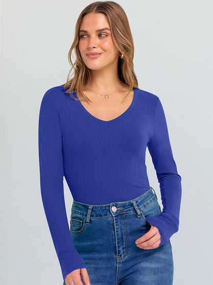 ANRABESS Long Sleeve V Neck Shirts for Women | Soft Comfy Ribbed Knit Fitted Tshirts, Casual Going Out Tops, 2026 Trendy Basic, Fall Winter Underscrub Layering Clothes