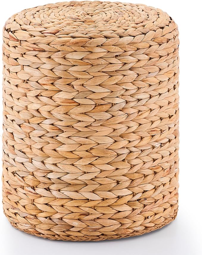 Wimarsbon Round Pouf Ottomans, Handwoven Natural Water Hyacinth Seagrass Pouffe,Outdoor Rattan Stool Accent Seat, Bohemian Coastal Home Decor (14inch Water Hyacinth Braid)
