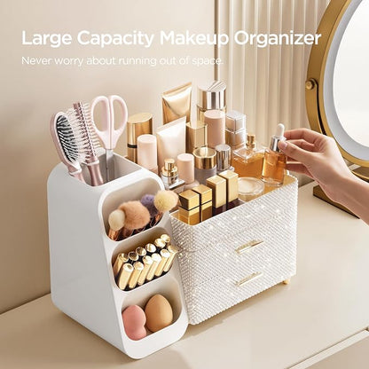 HBlife Makeup Organizer with Brush Holder for Vanity, Large Plastic Bathroom Countertop Organizer Skin Care Storage, Easy to Store Nail Polishes, Perfumes, Eyeshadow Palettes, Pearl All White