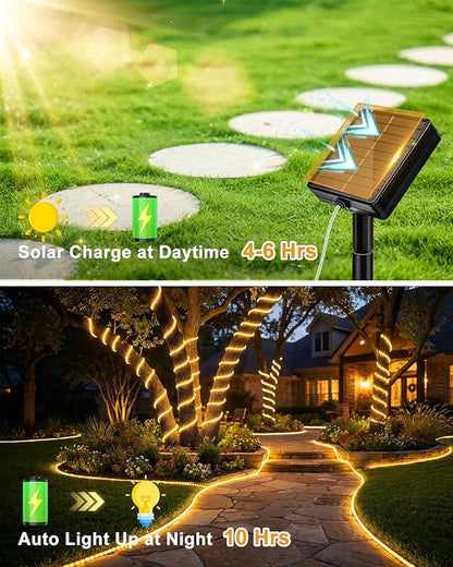 btfarm 2 Pack Solar Rope Lights Outdoor, Total 92FT 240LED Solar String Lights Outside Waterproof, 8 Lighting Mode Solar Powered Trampoline Light for Garden Tree Christmas Yard Party Decor, Warm White