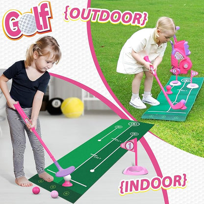 Liberry Toddler Golf Set for 2 3 4 Years Old Girls Boys, Upgraded Kids Golf Cart with Golf Cornhole Board & Putting Mat, Indoor and Outdoor Golf Toys Birthday Gift, Pink