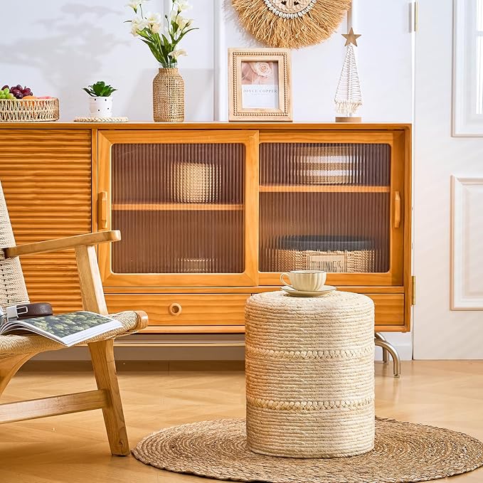 Wimarsbon Natural Seagrass Foot Stool, Hand Weaving Round Ottoman, for Living Room, Outdoor Seat (Beige Corn)
