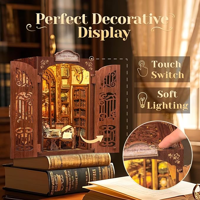 CUTEBEE DIY Book Nook Kit, Miniature House Kits for Adult and Teens, DIY Miniature Book Nook kit with Sensor Led Light, Gifts for Lovers and Family (Bookshop Memories)