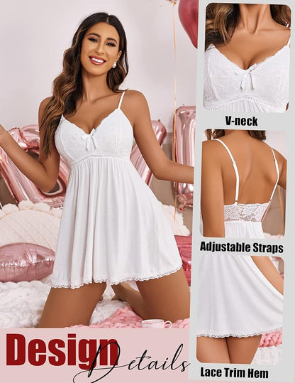 Avidlove Women Nightgown Sexy Sleepwear Lace Chemise V-neck Modal Babydoll Lounge Dress