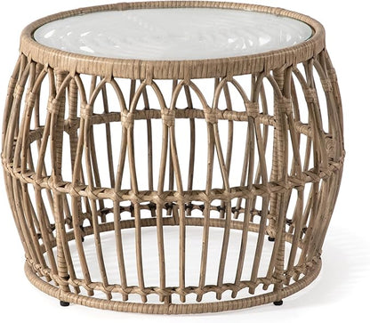 Furniture of America Ysar Boho Rattan Round Coffee Table Outdoor with 5mm Tempered Glass Top, All-Weather and Rust Resistant Patio Furniture