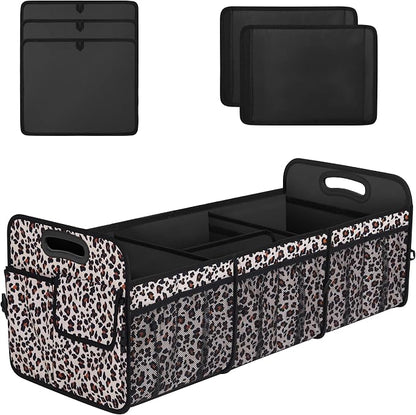 Femuar Collapsible Trunk Organizer - 90L Large Capacity with 15 Pockets, Waterproof for SUV/Car/Jeep/Sedan, Extra Large Leopard Print
