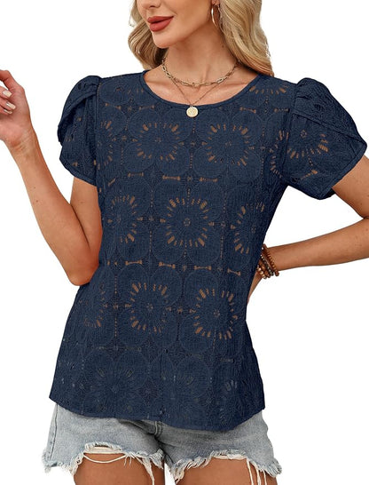 OFEEFAN Blouses for Women Dressy Casual Petal Short Sleeve Shirts Crochet Lace Boho Tops Spring Fashion Summer Outfits
