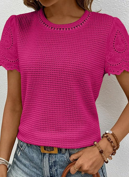 SHEWIN Womens Frenchy Summer Tops Crewneck Short Sleeve T Shirts Casual Waffle Knit Jacquard Blouses Top Shirts
