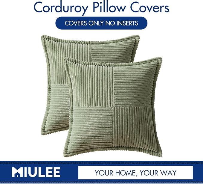 MIULEE Spring Decorative Throw Pillow Covers for Couch Bed Livingroom 16x16 Inch Set of 2 Sage Green Boho Accent Throw Pllows Broadside Striped Patchwork Soft Corduroy Pillowcases