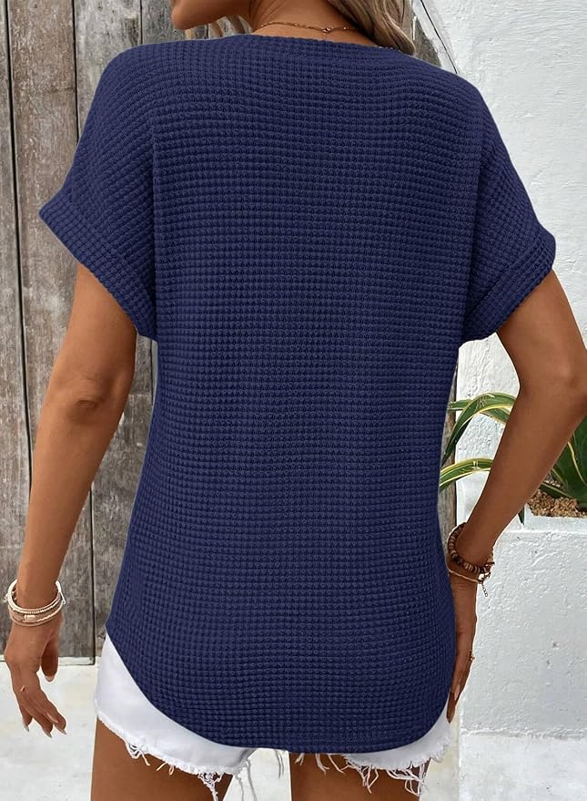 Dokotoo Womens Waffle Knit Tops 2026 Spring Summer V Neck Shirts Casual Trendy Women's Blouses Basic Tee
