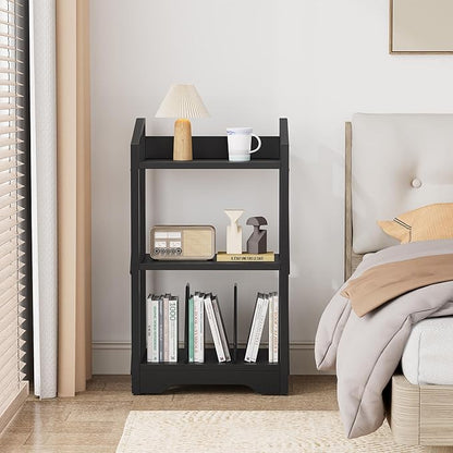 Vagusicc 3 Tier Bookshelf, Small Book Shelf Industrial Bookshelf, Wood Short Book Shelf Office Shelves with Metal Frame, Black Open Shelf Storage Organizer Bookcase for Living Room Bedroom, Black