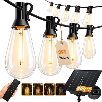 Solar String Lights Outdoor Waterproof, 120FT(2*60) 52 LED S14 Shatterproof Edison Bulbs, 2FT Spacing, 3 Modes, Dimmable, Timer, USB Solar Powered Hanging Patio Lights for Outside, Backyard