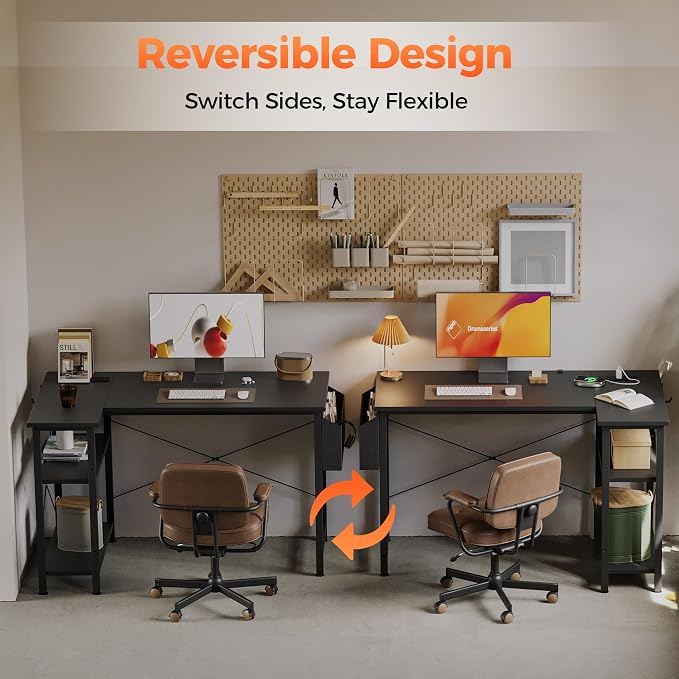 Mericonia 55 inch L Shaped Gaming Desk, Large Corner Desk with Shelves | Reversible Computer Desk with Power Outlets & Storage Bag, Office Table for Home Bedroom Study Work Writing