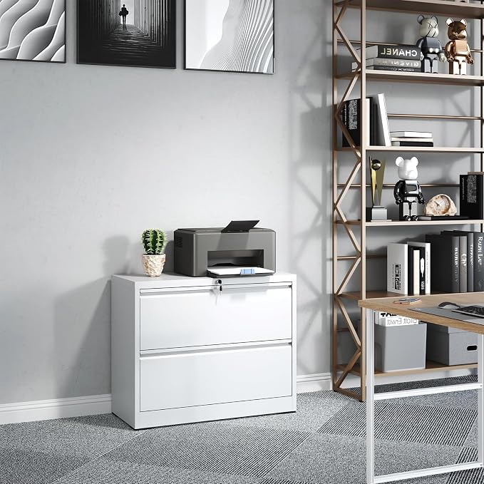 2 Drawer Lateral File Cabinet with Lock, Metal Lateral Filing Cabinet for Home Office, Steel Wide Horizontal Filing Cabinets for Letter/Legal/A4/F4 Hanging Files (White)