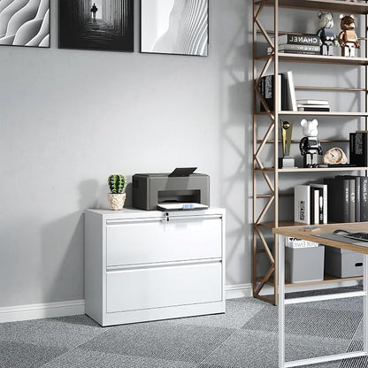 2 Drawer Lateral File Cabinet with Lock, Metal Lateral Filing Cabinet for Home Office, Steel Wide Horizontal Filing Cabinets for Letter/Legal/A4/F4 Hanging Files (White)