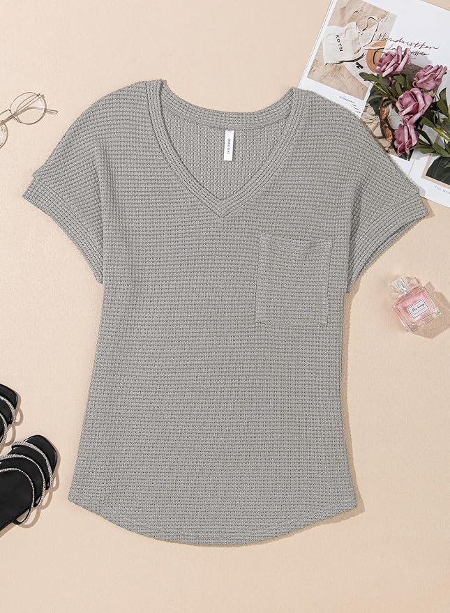 Dokotoo Womens Waffle Knit Tops 2026 Spring Summer V Neck Shirts Casual Trendy Women's Blouses Basic Tee