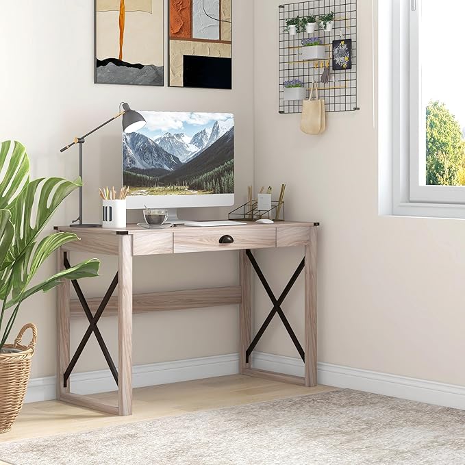 HOMCOM 44 inch Home Office Computer Desk, Rustic Writing Desk, Farmhouse Workstation with Storage Drawer, X-Frame