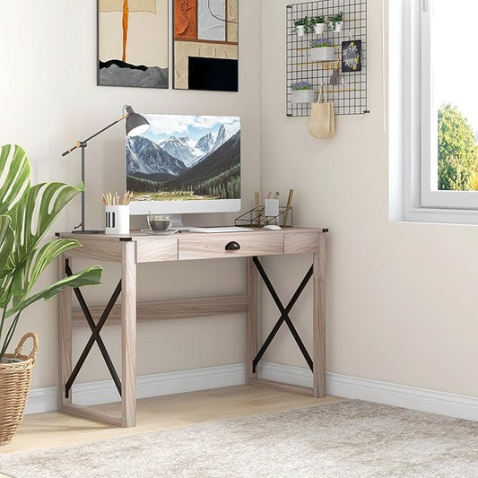 HOMCOM 44 inch Home Office Computer Desk, Rustic Writing Desk, Farmhouse Workstation with Storage Drawer, X-Frame