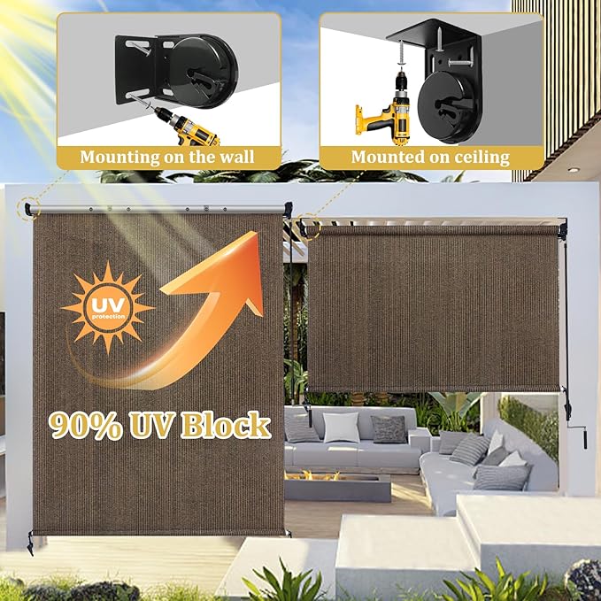 Shade&Beyond Outdoor Roller Shades with Splicing Design, 6' W x 8' H Cordless Patio Roll Up Blinds, Exterior Shade Cloth Roll for Porch, Gazebo, Pergola, Balcony, Mocha