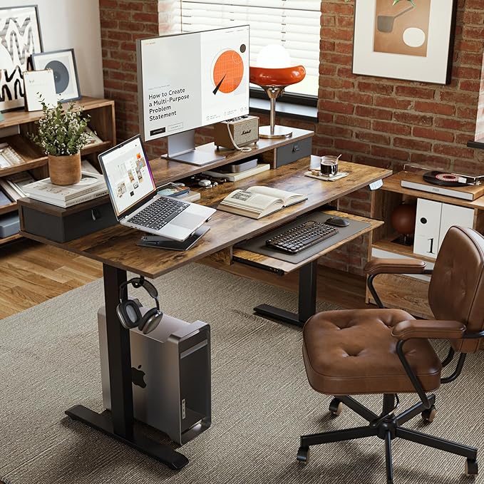 Electric Standing Desk with 2 Drawers and Keyboard Tray, 63 x 24 Inches Ergonomic Adjustable Height Desk with Storage, Sit Stand up Desk Computer Workstation, Rustic Brown