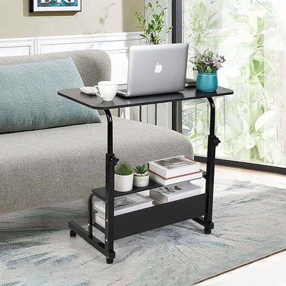 Adjustable Mobile Laptop Desk Portable Detachable Wheels Home Office Desk Height, Bedside Table Additional Storage Rack Small Spaces Veranda Office Desk Size 15.7 * 31.5 Inch Black