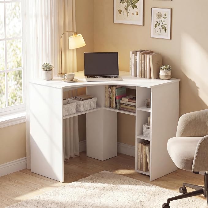 GOFLAME White Corner Desk with Charging Station, Small Corner Desk with Storage Shelves, Triangle Computer Desk, Study Writing Table for Home Office, Small Spaces