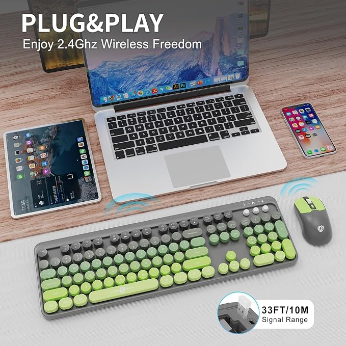 FD Wireless Keyboard and Mouse Combo | Cute Colorful Keyboard and Mouse with 2.4GHz Cordless Retro Typewriter Keyboard | Auto-Sleep | USB Receiver for Windows PC/Laptop - Grey Green Gradient