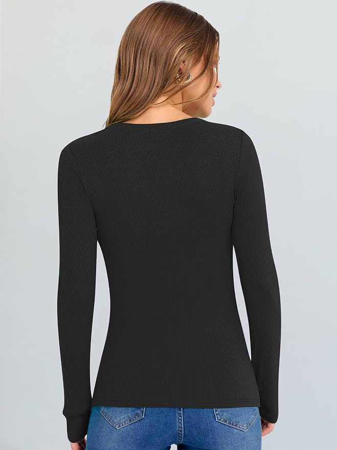 ANRABESS Long Sleeve V Neck Shirts for Women | Soft Comfy Ribbed Knit Fitted Tshirts, Casual Going Out Tops, 2026 Trendy Basic, Fall Winter Underscrub Layering Clothes