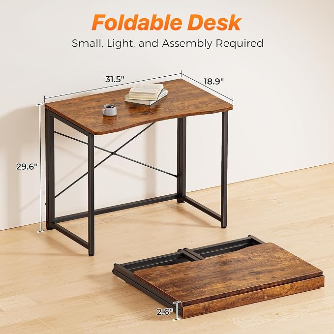 Huuger Folding Desk for Small Spaces, 31.5 Inch Foldable Computer Table, Easy Assembly, for Home Office, Study, Bedroom, Dorm, Space Saving, Small Writing Work Office Computer Desk, Rustic Brown
