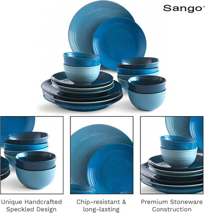 Sango Siterra Artist's Blend 16-Piece Stoneware Dinnerware Set – Service for 4, Ocean Blue Glossy Glaze with Unique Speckled Design, for Everyday Dining & Entertainment, Microwave & Dishwasher Safe