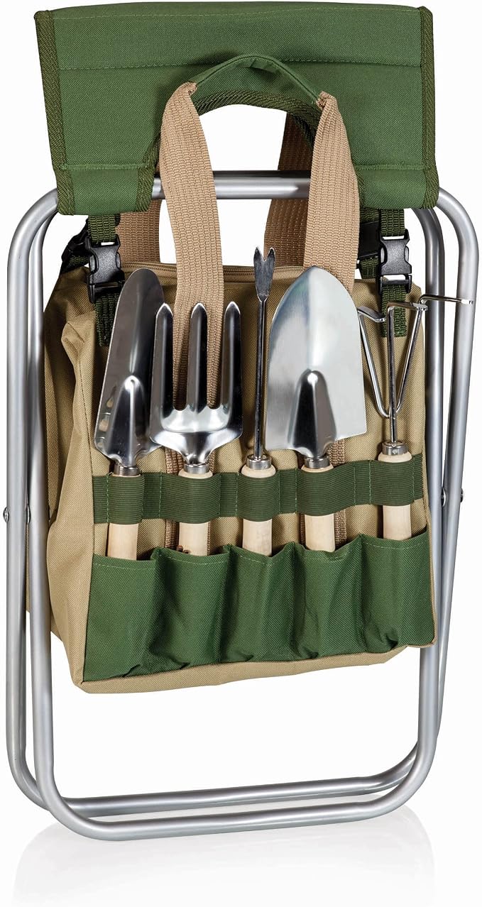 PICNIC TIME Disney Minnie Mouse Gardener Folding Seat with Tools, Folding Garden Stool with Detachable Tote and 5 Piece Hand Tool Set Organizer, (Olive Green with Beige Accents)