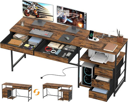 YOSHOOT 60" Computer Desk with 5 Fabric Drawers, Gaming Desk Table | Desk with Storage and Power Outlets, for Adults and Teenagers Working Writing Study, Rustic Brown