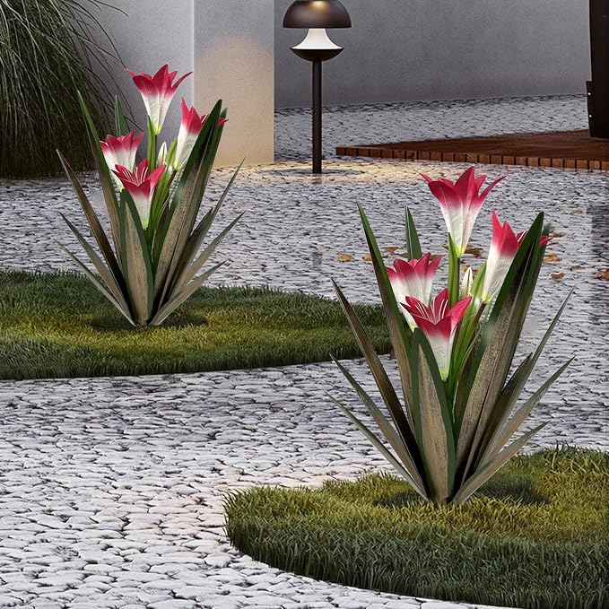 Homight Metal Agave Plant Outdoor Decoration Lily Mexican Yard Art Garden Gift Home Decor Hand Painted Metal Agave Garden Yard Statue, Outdoor Lawn Ornaments(3 Big Red Lilies)