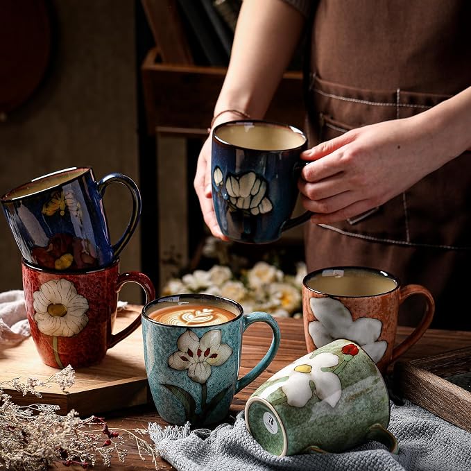 Maxdot 6 Pcs 12oz Ceramic Coffee Mugs Sets Glazing Process Cappuccino Mug Floral Ceramic Tea Cups Idea Gift Set for Women Porcelain Cup for Coffee, Cocoa, Tea, Latte (Retro) (Retro)