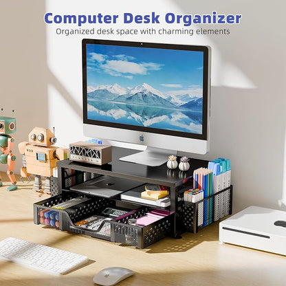 Simple Trending 2-Tier Monitor Stand Riser, Drawer & 2 Pen Holders, Black | Sturdy Material, Anti‑Slip Pads, Ergonomic Support, Space Saving, Easy Setup