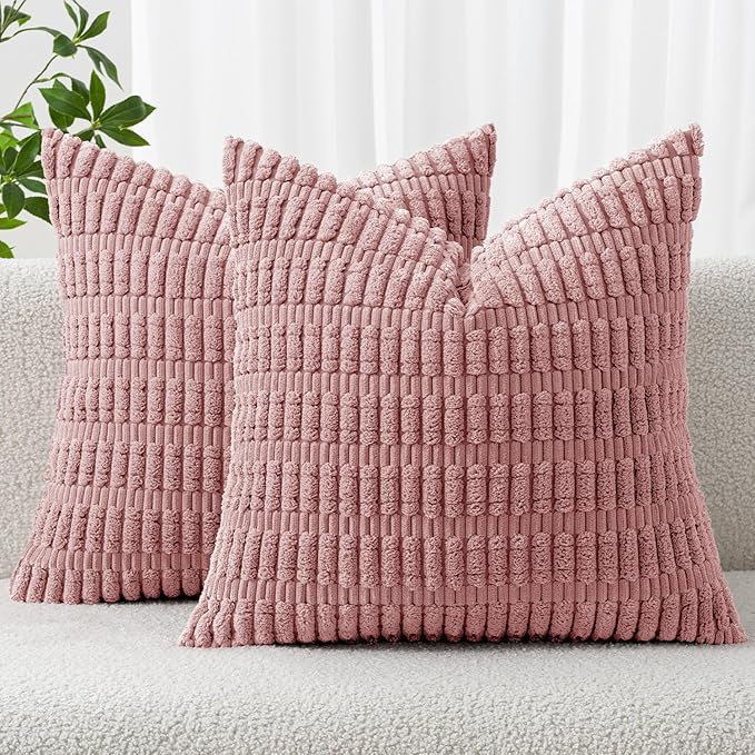 MIULEE Pack of 2 Corduroy Decorative Throw Pillow Covers 18x18 Inch Soft Boho Striped Pillow Covers Modern Farmhouse Home Decor for Sofa Living Room Couch Bed Blush Pink Spring Valentine Decor