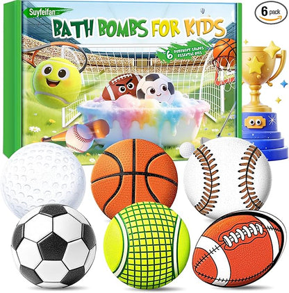 Bath Bombs for Kids, STEM 6-Pack Organic Handmade Bath Bomb Sports Themed, Basketball, Football, Rugby, Golf, Tennis Shapes, Mild Skin-Friendly SPA Toy, Nice Daily Reward and Holiday Gifts