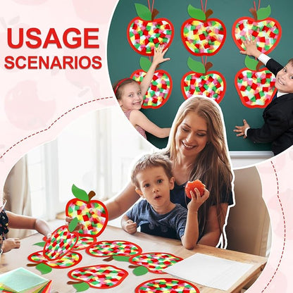 Qyeahkj 36 Set Fall Apple Suncatchers Crafts for DIY Autumn Apple Window Tissue Paper Craft Kit Hanging Decor for Back to Home Activity Art Project Birthday Party Favor Gift