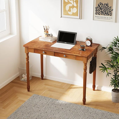 Solid Wood Writing Desk with Drawers - 39.4" Small Wood Vintage Desk, Mid Century Modern Desks, Wooden Computer Desks for Home Office, Traditional Vanity Dressing Table for Bedroom, Walnut