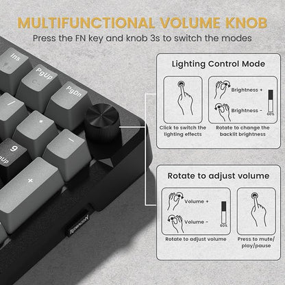 Redragon K742 Wireless Mechanical Gaming Keyboard with Knob for PC Computer | Bluetooth 5.0/2.4GHz/USB C Wireless Creamy Keyboard with Number Pad, RGB Backlits, Hot-Swappable with Linear Switches (Black)