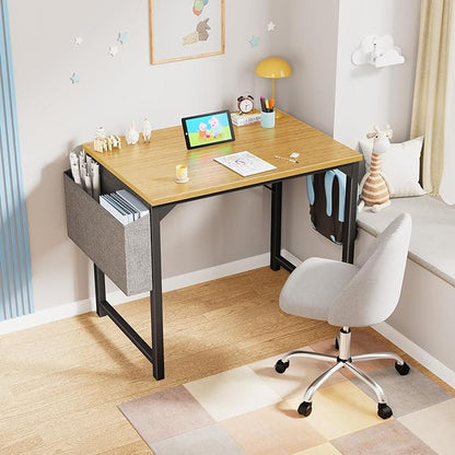 OLIXIS Computer Small Desk 32 Inch Home Office Writing Study Work Storage Bag Headphone Hooks Simple Wood Kids Student Table, Modern Nature